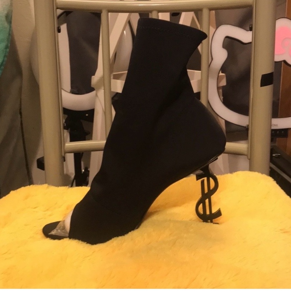 Black Open Toe Sock Boots with Dollar Sign Heels - Picture 3 of 8